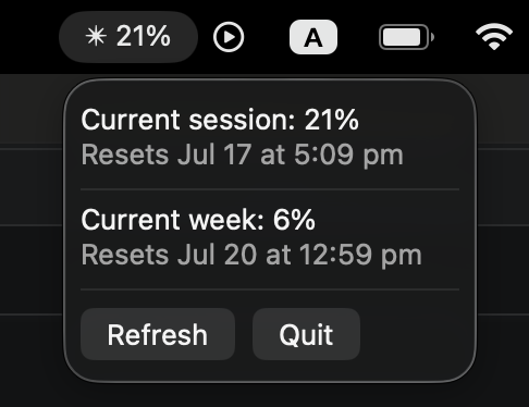 A macOS menu bar dropdown showing Claude Code session and weekly usage percentages