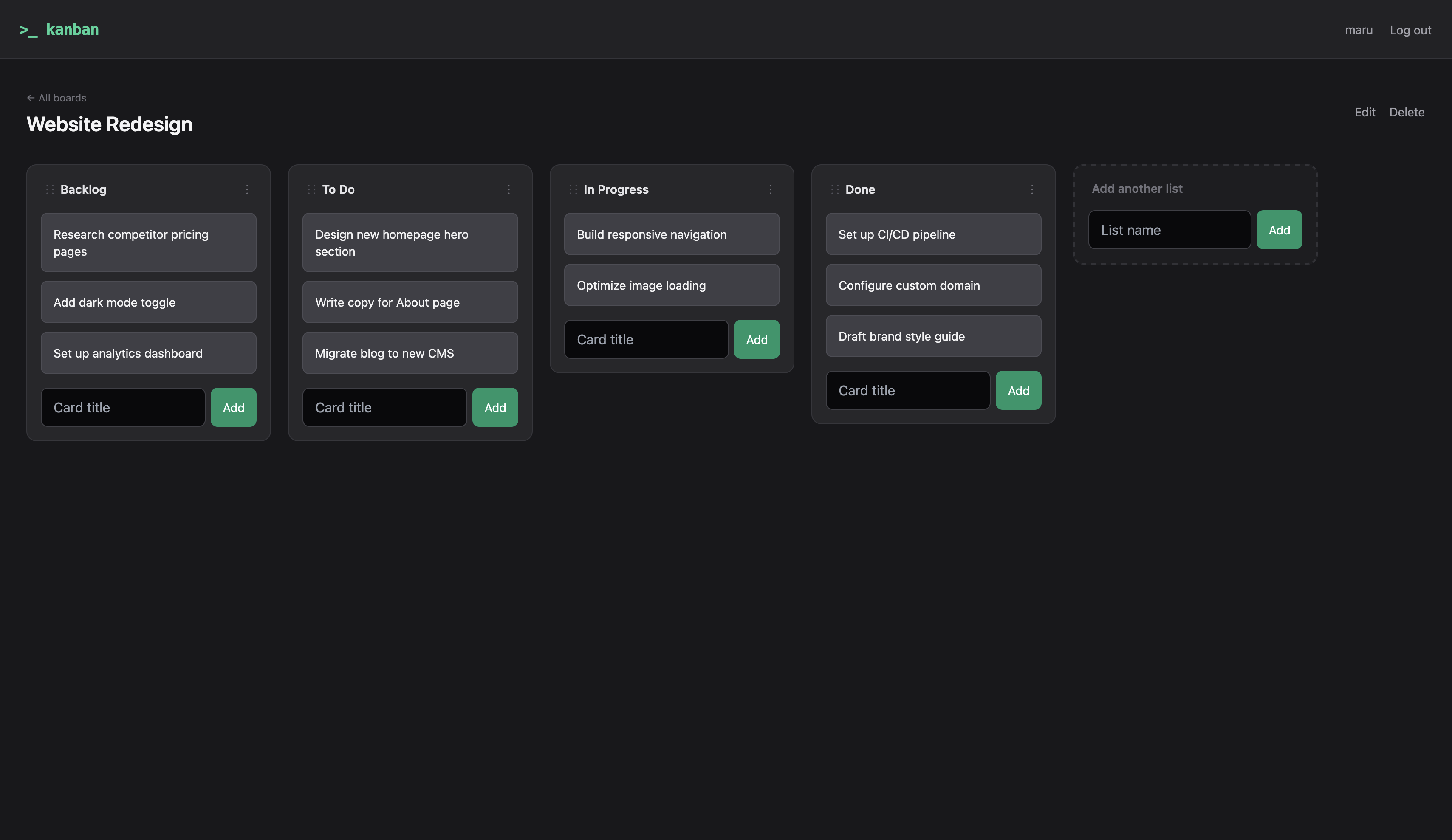 A kanban board with several columns of draggable cards