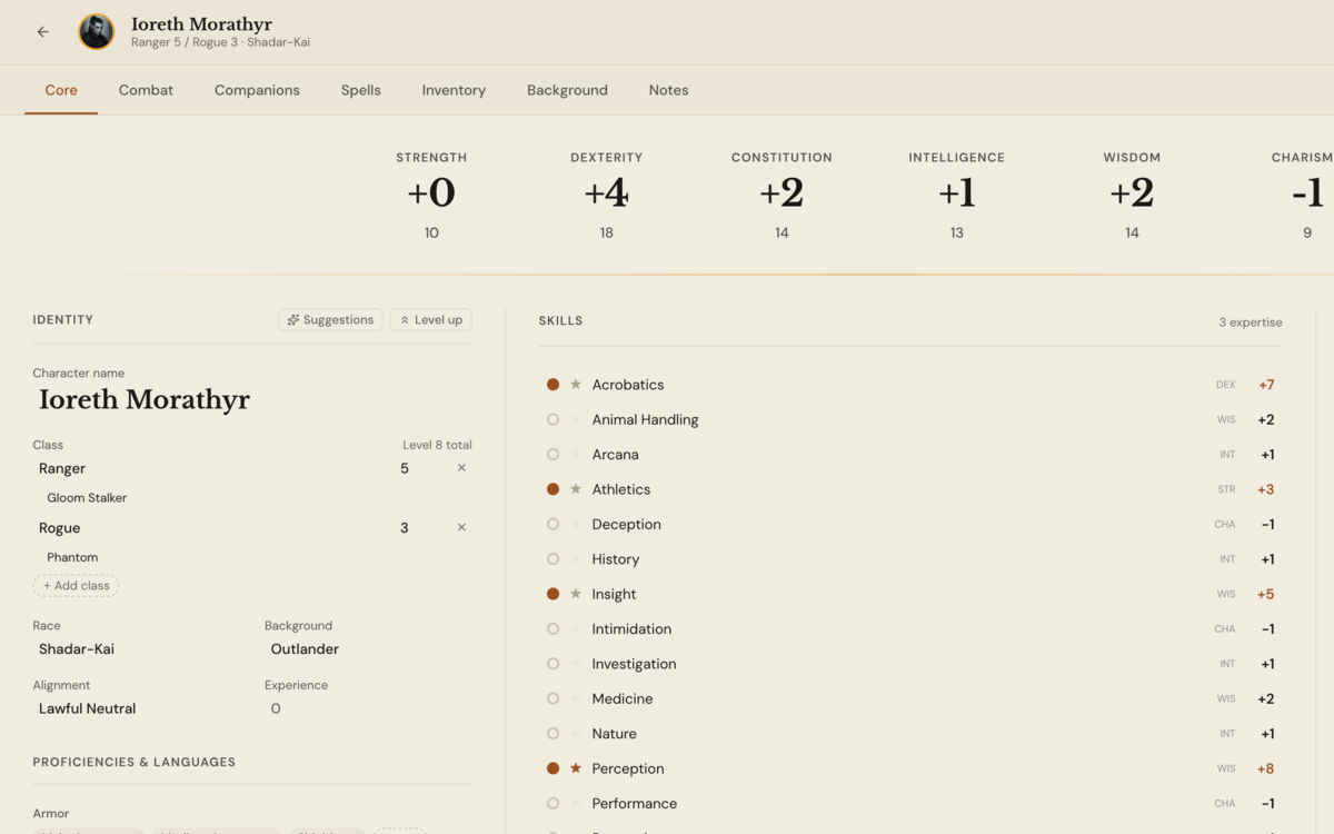 A Parchment People character sheet open on the Core tab, showing ability scores, skills, saving throws and proficiencies