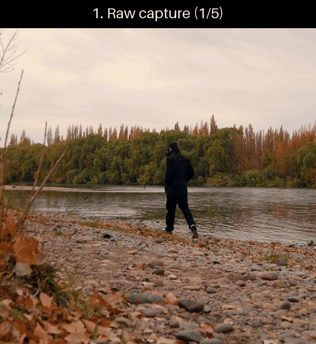 An animated demo cycling through the vision pipeline's five stages, starting from a raw camera capture of a person walking along a riverbank