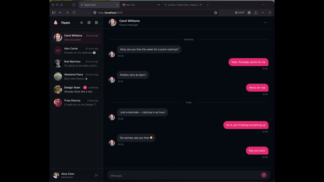 Ripple Chat's messaging interface showing a conversation list and an open chat thread